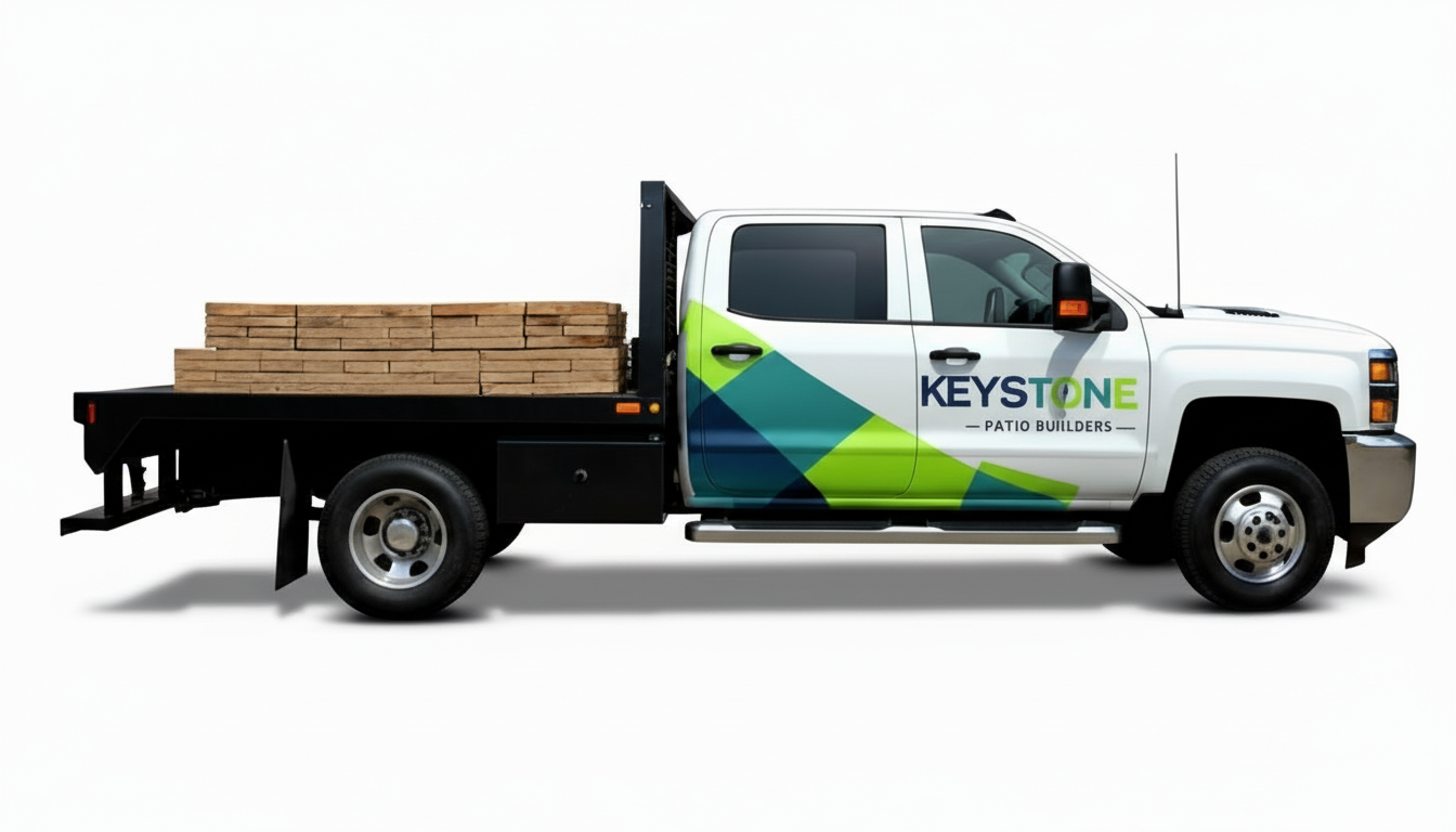 Keystone Patio Builders branded Silverado truck with flatbed